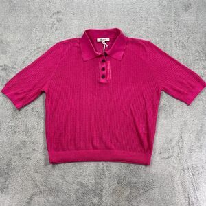 Madewell Polo Sweater Tee Womens Large Pink Linen Crop Relaxed Fit Raglan Sleeve